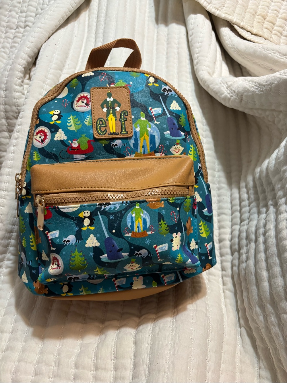 ELF Teal Patterned Kids Backpack with Tan Trim